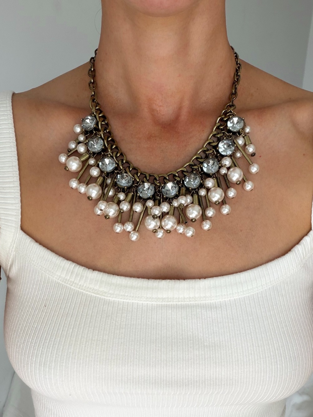 Y2K Chunky Bronze & Faux Pearl Cluster Statement Necklace